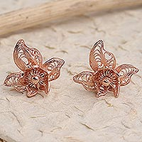 Rose gold plated filigree button earrings, 'Perfect Flower' - Hand Made Rose Gold Plated Flower Button Earrings