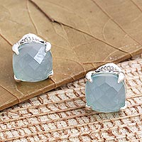 Chalcedony stud earrings, 'Dressed for Dinner in Aqua' - Checkerboard Faceted Chalcedony Stud Earrings