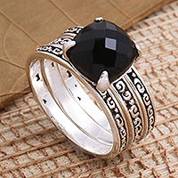 Onyx cocktail ring, 'Buddha's Curls in Black' - Checkerboard Faceted Onyx Sterling Silver Cocktail Ring