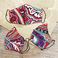 Cotton face masks, 'Red Rainbow' (set of 3) - Hand Crafted Cotton Face Masks from Bali (Set of 3)