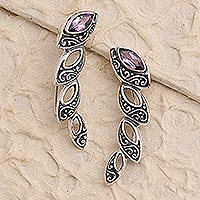 Sterling silver and amethyst ear climber earrings, 'Climbing Marquise in Purple' - Handmade Sterling Silver and Amethyst Climbing Earrings