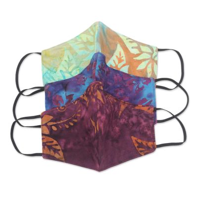 Rayon batik face masks, 'Autumn Skies' (set of 3) - Set of 3 Rayon Batik Reusable Face Masks