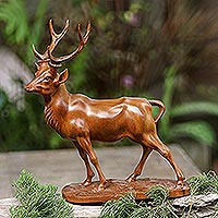 Wood sculpture, 'Going Stag' - Suar Wood Deer Sculpture with Onyx Eyes