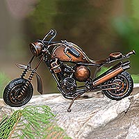 Recycled metal sculpture, 'Moto Racer in Brown' - Handmade Recycled Metal Motorcycle Sculpture