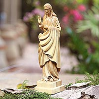 Wood sculpture, 'Welcoming Christ' - Hand Carved Acacia Wood Jesus Christ Sculpture