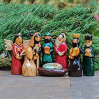 Wood nativity scene, 'Christ was Born' (9 pcs) - Handmade Wood Nativity Scene (9 Pieces)
