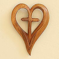 Wood wall relief panel, 'Cross My Heart' - Hand Carved Suar Wood Relief Panel Heart Cross