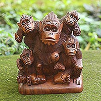 Wood sculpture, 'Monkey Family' - Hand Carved Suar Wood Monkey Family Sculpture