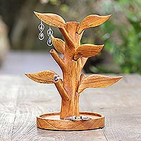 Wood jewelry stand, 'Reserved Tree' - Hand Carved Wood Tree Jewelry Stand