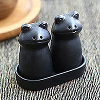 Ceramic salt and pepper set, 'Fanciful Frogs in Black' - Matte Black Ceramic Frog Salt and Pepper Shakers with Tray