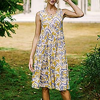 Screen Printed Rayon Sundress from Bali,'Spring Leaves'