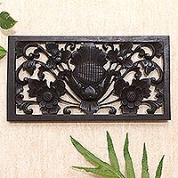 Wood relief panel, 'Midnight Sprawl' - Hand Carved Relief Panel with Floral Motif