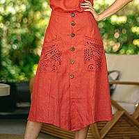 Embroidered linen skirt, 'Juicy Fruit' - Embroidered Linen Knee-Length Skirt