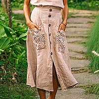 Embroidered linen skirt, 'Juicy Fruit in Natural' - Hand Embroidered Knee-Length Skirt