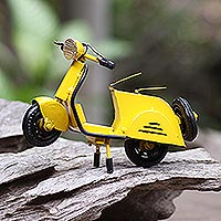 Metal sculpture, 'Spirited Scooter in Yellow' - Artisan Crafted Recycled Metal Scooter Sculpture