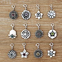 Birthstone flower bracelet charms, 'Birthday Flowers' - Hand Crafted Sterling Silver and Birthstone Flower Charms