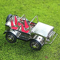 Recycled metal statuette, 'Off-Road Adventure' - Eco-Friendly Recycled Steel and Rubber Vehicle Statuette