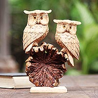 Wood sculpture, 'Romantic Owls' - Hand Carved Jempinis and Benalu Wood Owl Sculpture