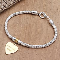 Gold-accented sterling silver charm bracelet, 'Love for Mom in Gold' - Gold-Plated Sterling Silver Heart Charm Bracelet from Bali