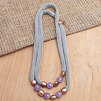 Rose gold-accented amethyst beaded necklace, 'Gold and Lavender' - Handmade Rose Gold-Accented Amethyst Beaded Necklace