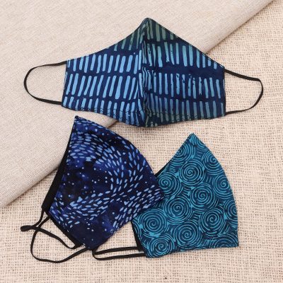 Cotton batik face masks, Blue River (set of 3)