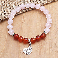 Rose quartz and carnelian charm bracelet, 'Loving Mood' - Rose Quartz and Carnelian Heart-Motif Charm Bracelet