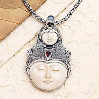 Garnet and rainbow moonstone pendant necklace, 'Mother Moon' - Garnet and Rainbow Moonstone Pendant Necklace