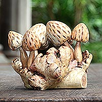 Wood sculpture, 'Mushroom Cluster' - Hand Carved Jempinis Wood Mushroom Sculpture