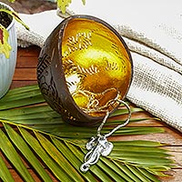 Coconut shell catchall, 'Butterfly Waves' - Coconut Shell Butterfly-Themed Catchall