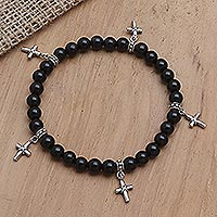 Onyx beaded stretch bracelet, 'Black Cross' - Onyx and Sterling Silver Beaded Cross Bracelet