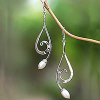 Cultured pearl dangle earrings, 'Wave Melody in White' - Sterling Silver and Cultured Pearl Dangle Earrings