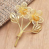 Gold-plated filigree brooch, 'Valentine Bouquet' - Gold-Plated Filigree Flower Bouquet Brooch