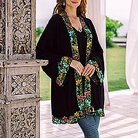 Embroidered cotton kimono jacket, Lily Blossom in Black