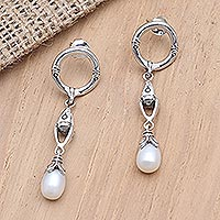 Cultured pearl dangle earrings, 'Right Direction' - Sterling Silver and Cultured Pearl Dangle Earrings