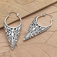 Sterling silver half-hoop earrings, 'Balinese Temple' - Handmade Sterling Silver Half-Hoop Earrings
