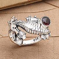 Garnet single stone ring, 'Seahorse Treasure' - Garnet and Sterling Silver Seahorse Ring