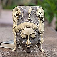 Wood mask, 'Lady of the Jungle' - Hand Carved Hibiscus Wood Mask