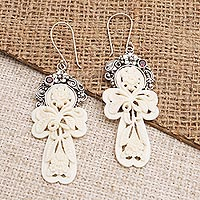 Garnet dangle earrings, 'Frangipani Summer' - Garnet and Bone Floral Dangle Earrings
