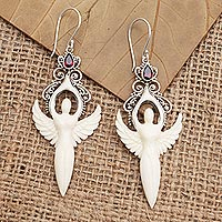 Garnet dangle earrings, 'Twin Angels' - Garnet and Sterling Silver Angel Dangle Earrings