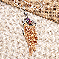 Garnet and amethyst pendant necklace, 'Ethereal Angel' - Garnet and Amethyst Angel Wing Pendant Necklace