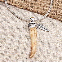 Men's sterling silver pendant necklace, 'Tiger Tooth' - Men's Sterling Silver and Bone Pendant Necklace
