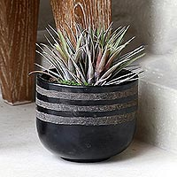 Ceramic pot, 'Night Horizon' (6 diam.) - Artisan Crafted Striped Black Pottery