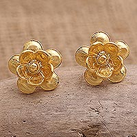 Gold-plated button earrings, 'Cosmos Flower' - Gold-Plated Floral-Motif Button Earrings