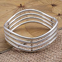 Sterling silver bangle bracelet, 'Water Waves' - Hand Made Sterling Silver Bangle Bracelet