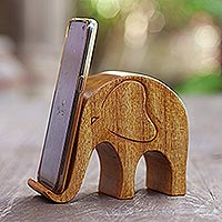 Elephant phone stand, 'Hold the Phone' - Handmade Jempinis Wood Elephant Phone Stand
