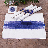 Tie-dyed cotton placemats and coasters, 'Indigo River' (set for 4) - Hand Crafted Placemats and Coasters (Set for 4)