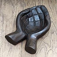 Wood statuette, 'Give Back' - Hand Carved Suar Wood Hand Statuette