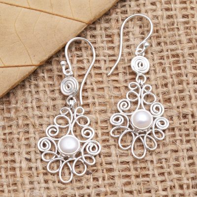 Cultured pearl dangle earrings, 'Moringa Leaves in White' - Cultured Freshwater Pearl Sterling Silver Dangle Earrings