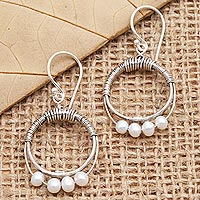 Cultured pearl dangle earrings, 'Eyes of God in White' - Handmade Sterling Silver and and Cultured Pearl Earrings