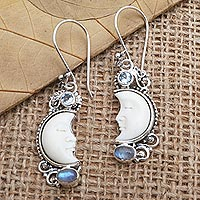 Blue topaz and rainbow moonstone dangle earrings, 'Blue Light' - Hand Crafted Blue Topaz and Rainbow Moonstone Earrings